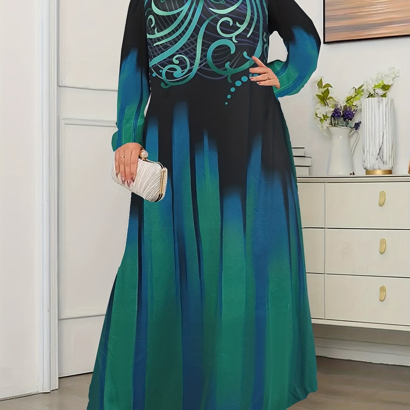 Women's Maxi Dress Graphic Print Long Sleeve Round Neck