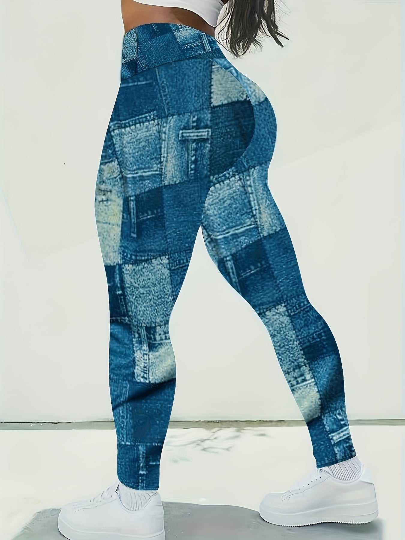 Colorblock Denim Print High Rise Leggings