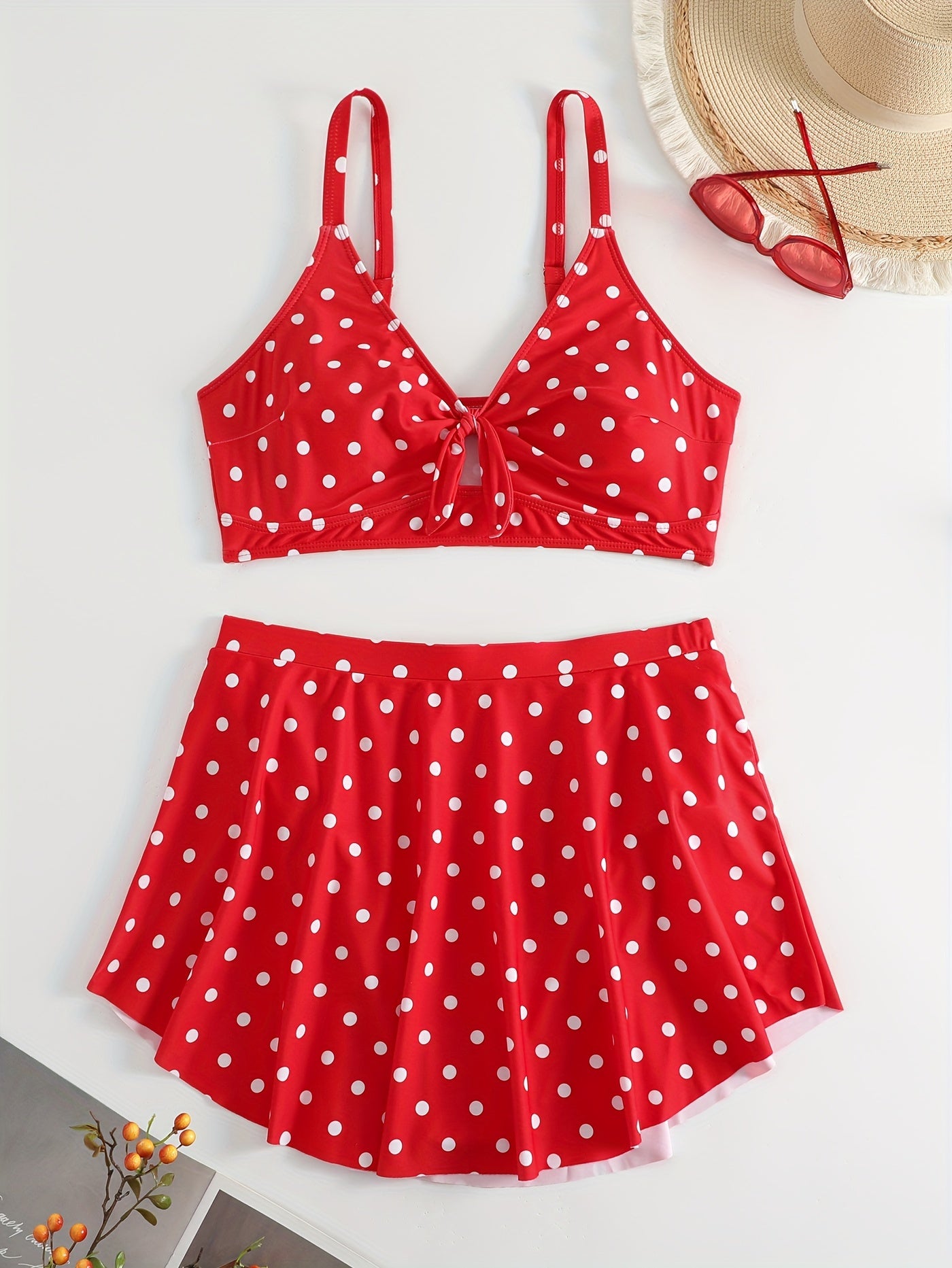  Polka Dot Print Tie Front Bra & Pleated Skort Swimsuit Set