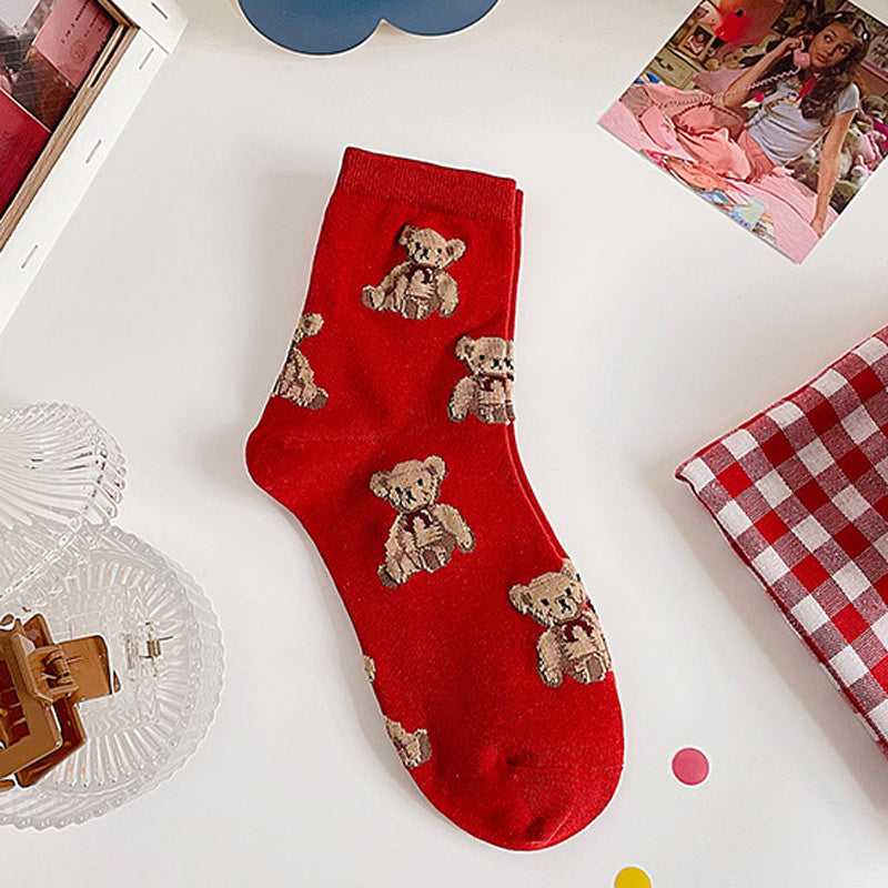 Teddy Bear Red Socks Comfy Mid Tube Women's Stockings