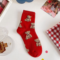 Teddy Bear Red Socks Comfy Mid Tube Women's Stockings
