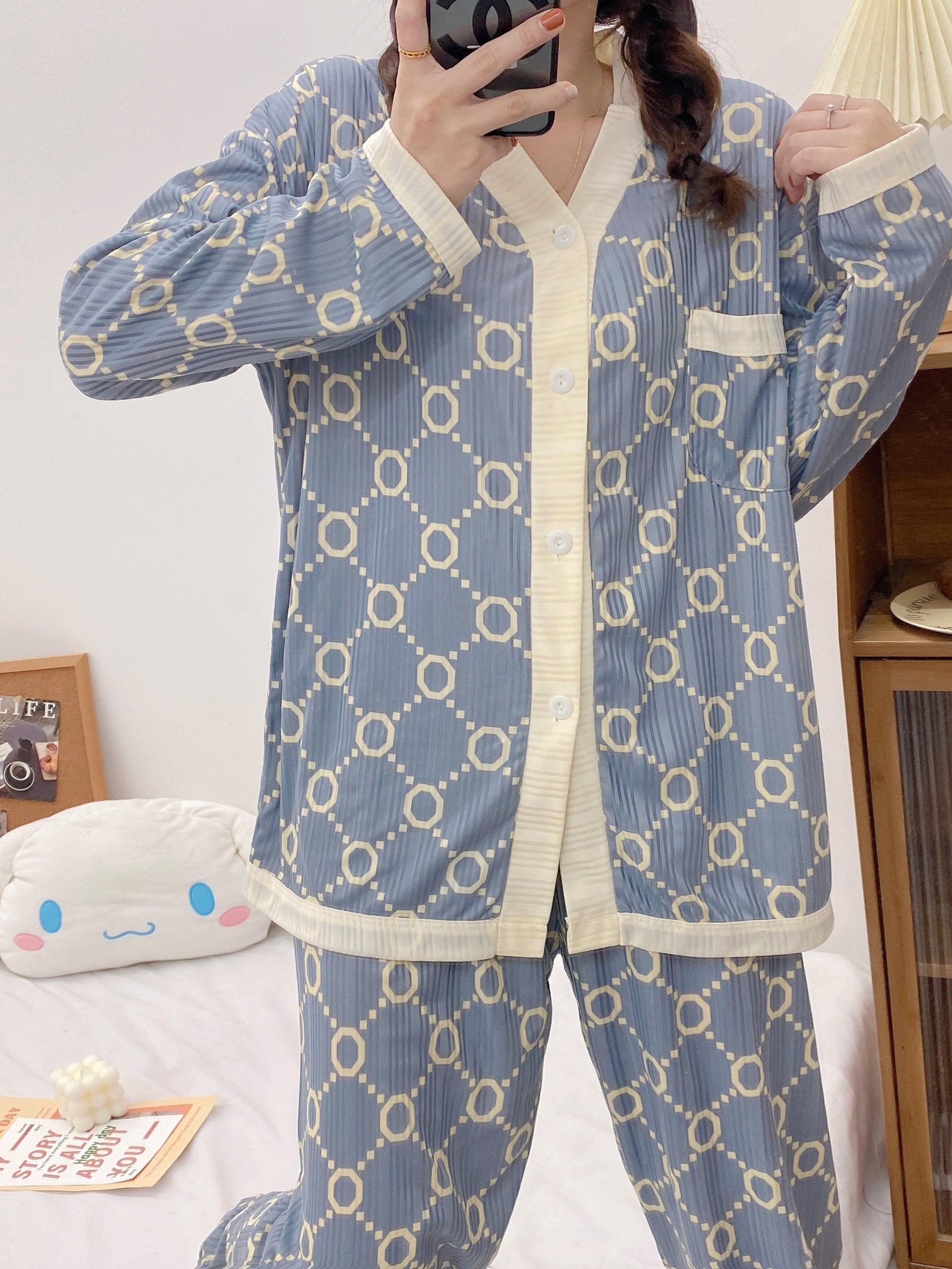Geometric Pattern Pajama Set Long Sleeve & Elastic Waistband Pants