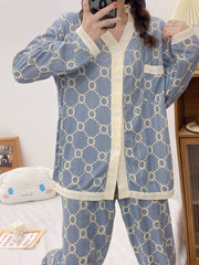 Geometric Pattern Pajama Set Long Sleeve & Elastic Waistband Pants