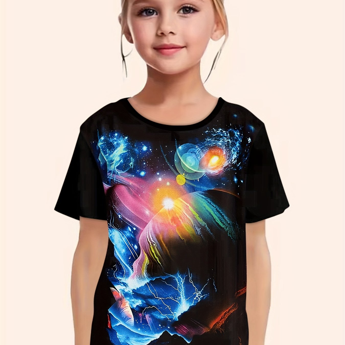 Dreamy Starry Outer Space Graphic Crew Neck Short Sleeve T shirt For Girls Summe