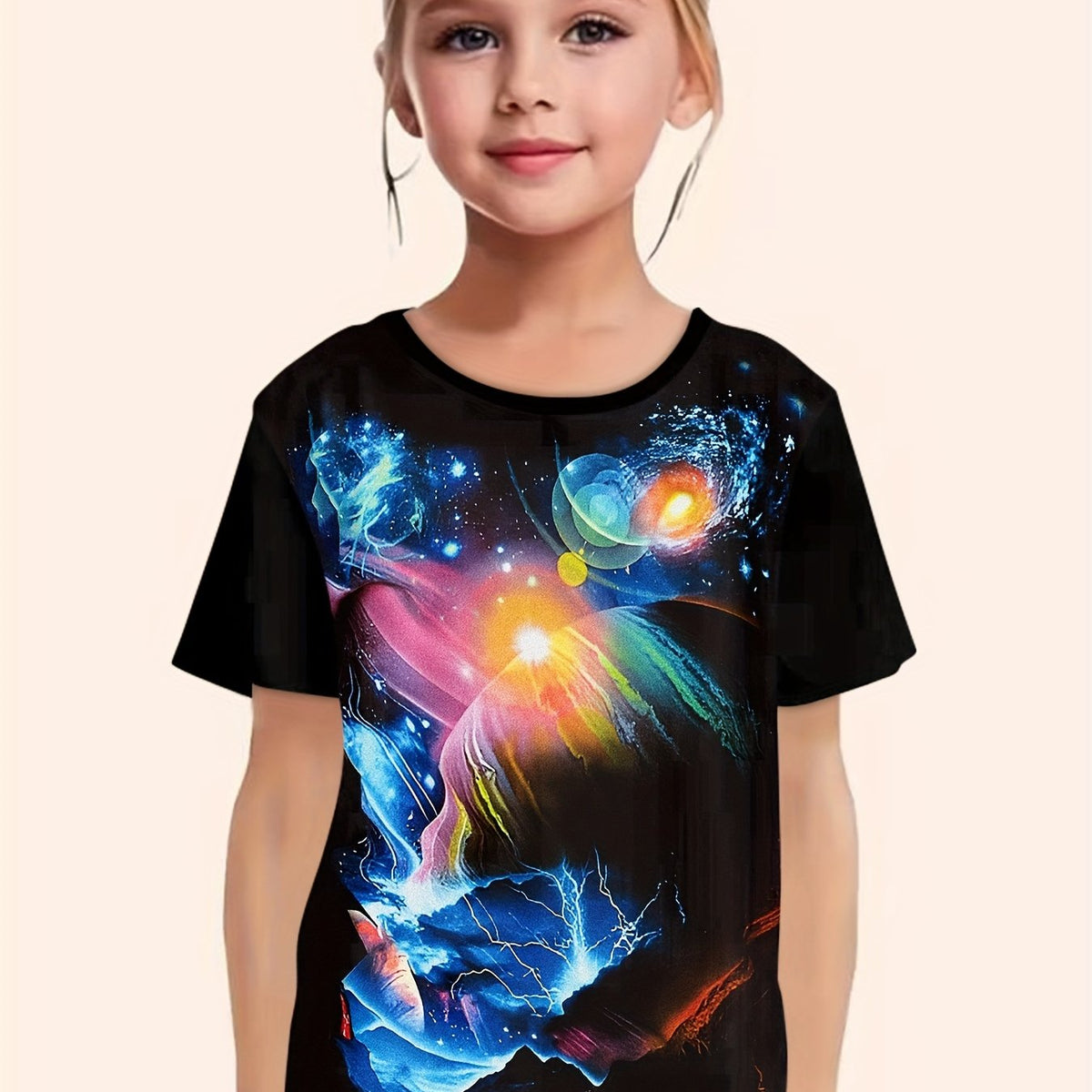 Dreamy Starry Outer Space Graphic Crew Neck Short Sleeve T shirt For Girls Summe