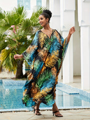  Boho Tropical Print Kaftan Dress V Neck Split Maxi Beach Dress