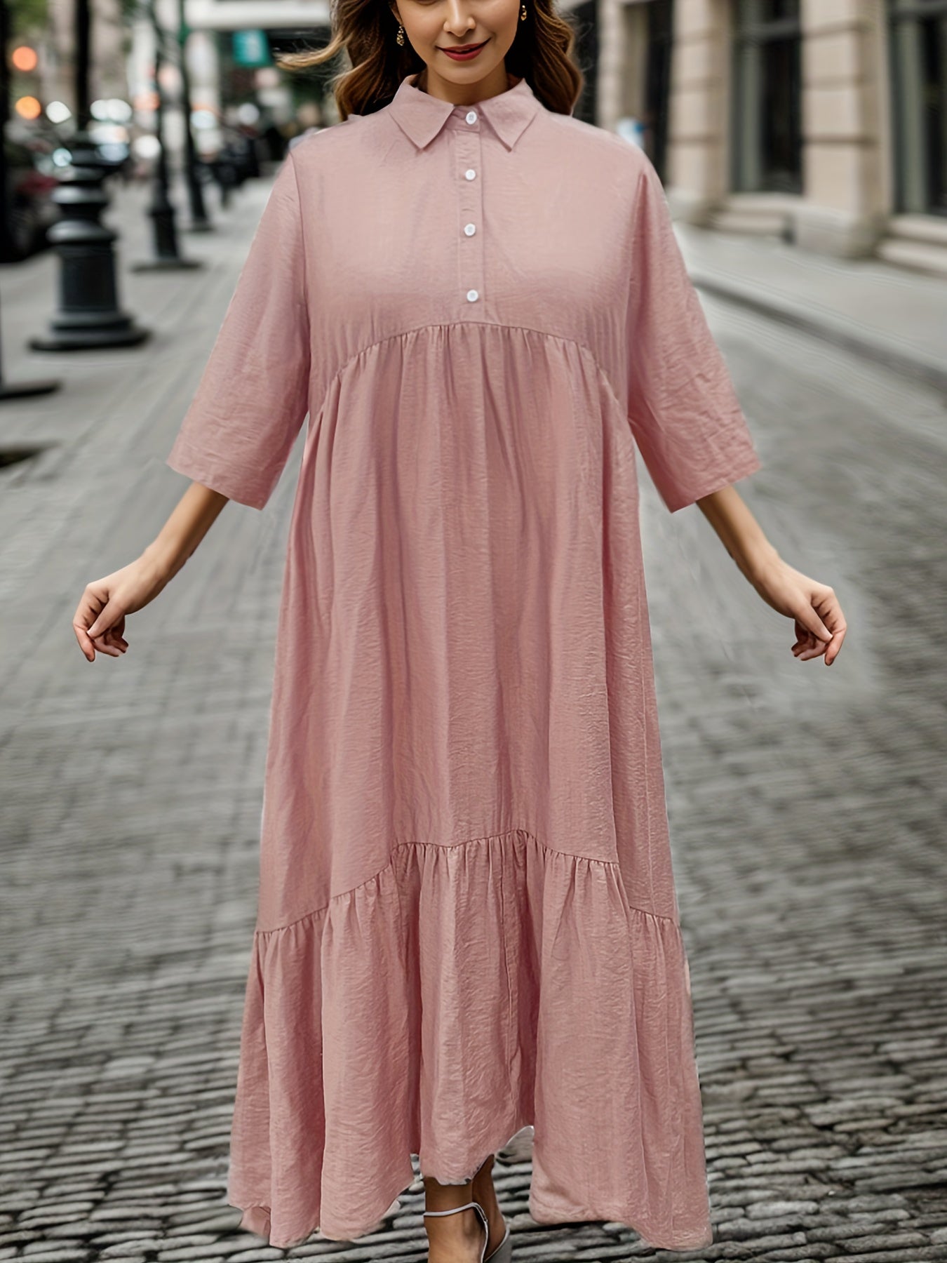  Casual Dress Women's Plus Solid Button Up Maxi Dress