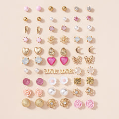 30 Pairs Assorted Stud Earrings Set with Zircon and Flower Designs