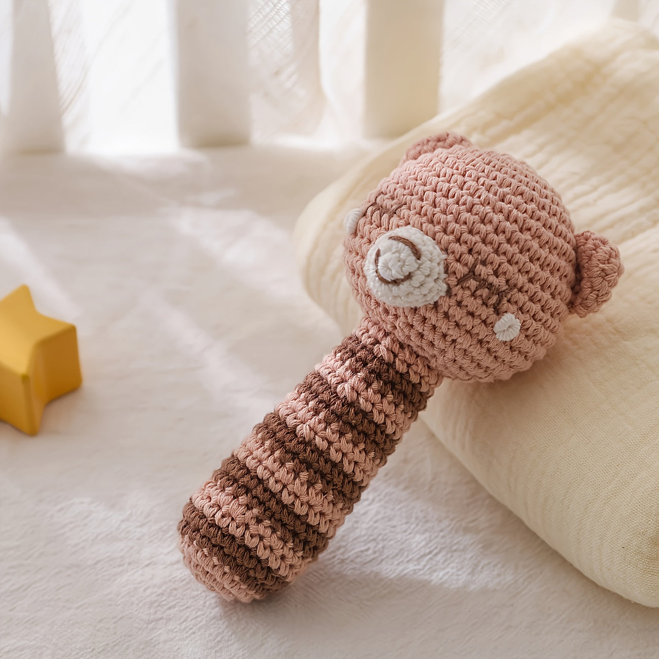 Crochet Bear Rattle Teether Toy Knitted Brown Animal Doll Built in Bell