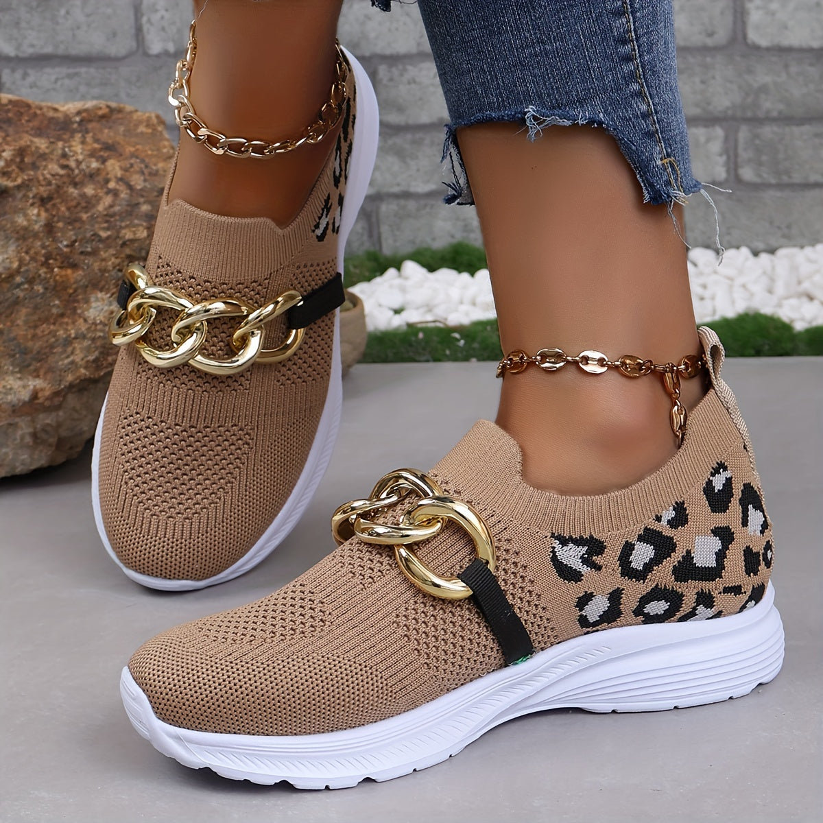 Leopard Print Low Top Sport Shoes Lightweight Walking Flats