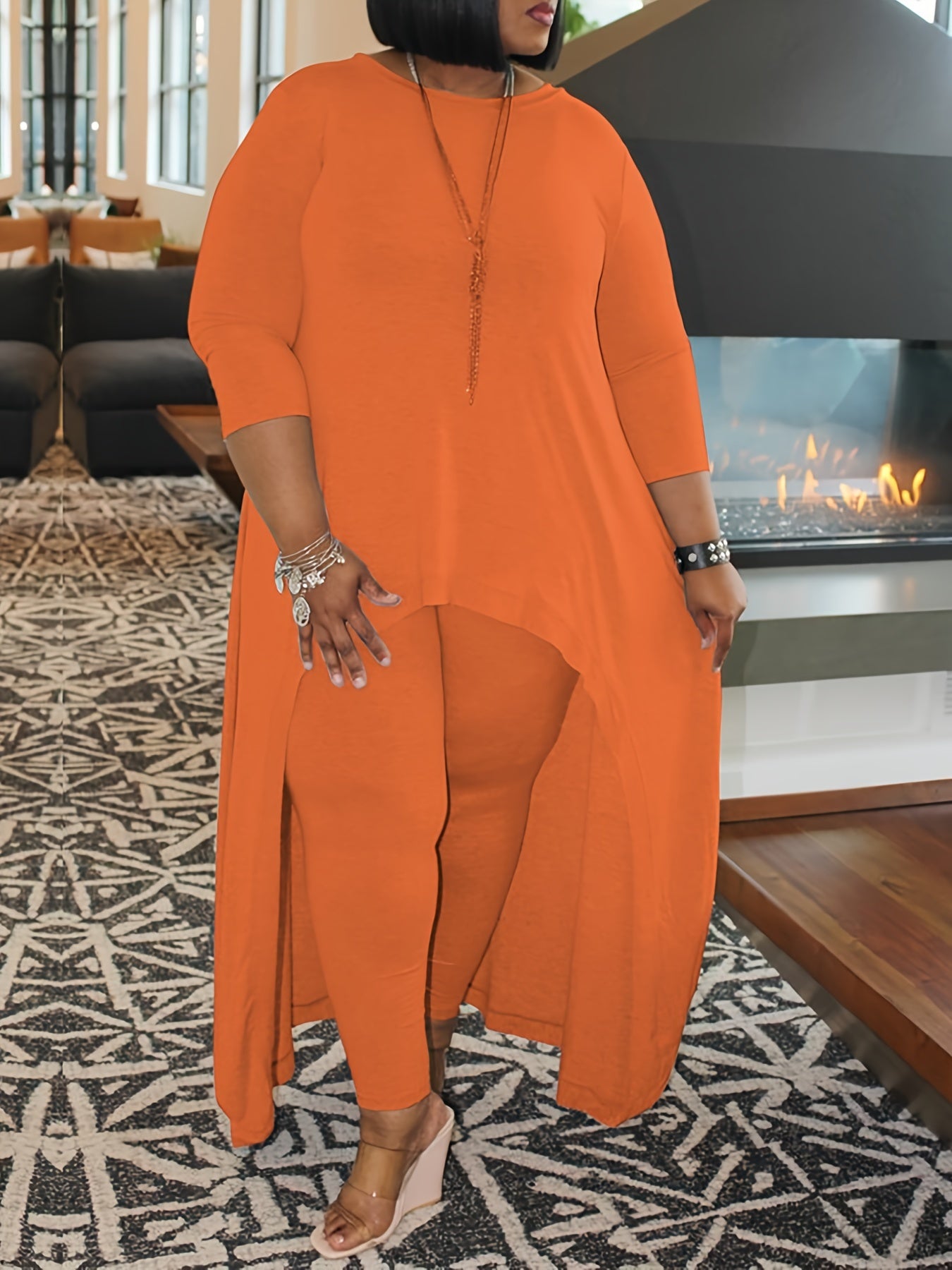  Solid Half Sleeve Shirt & Pants Set Women's Plus Casual Outfit