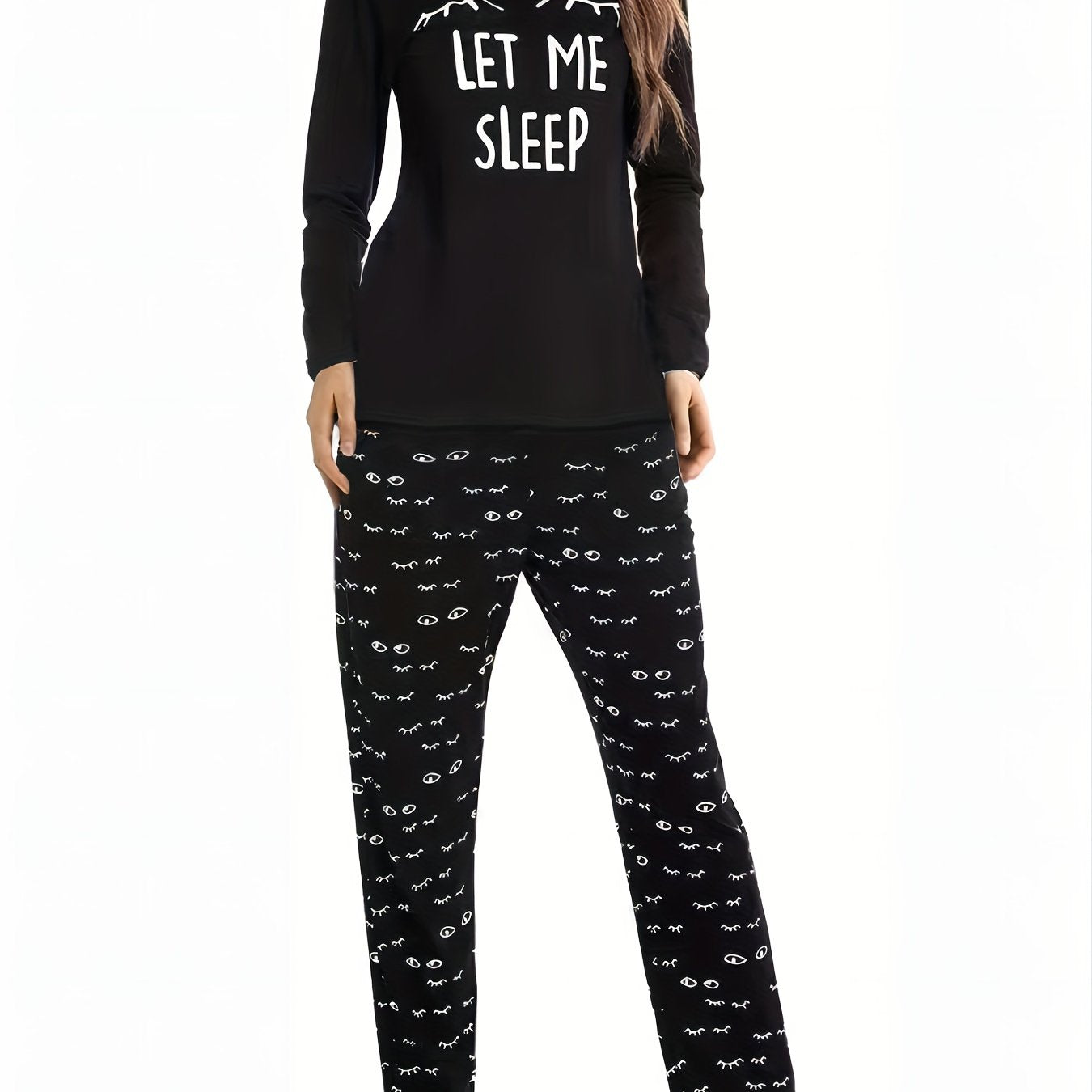 Eyelash Print Pajama Set Long Sleeve Top & Pants Women's Sleepwear