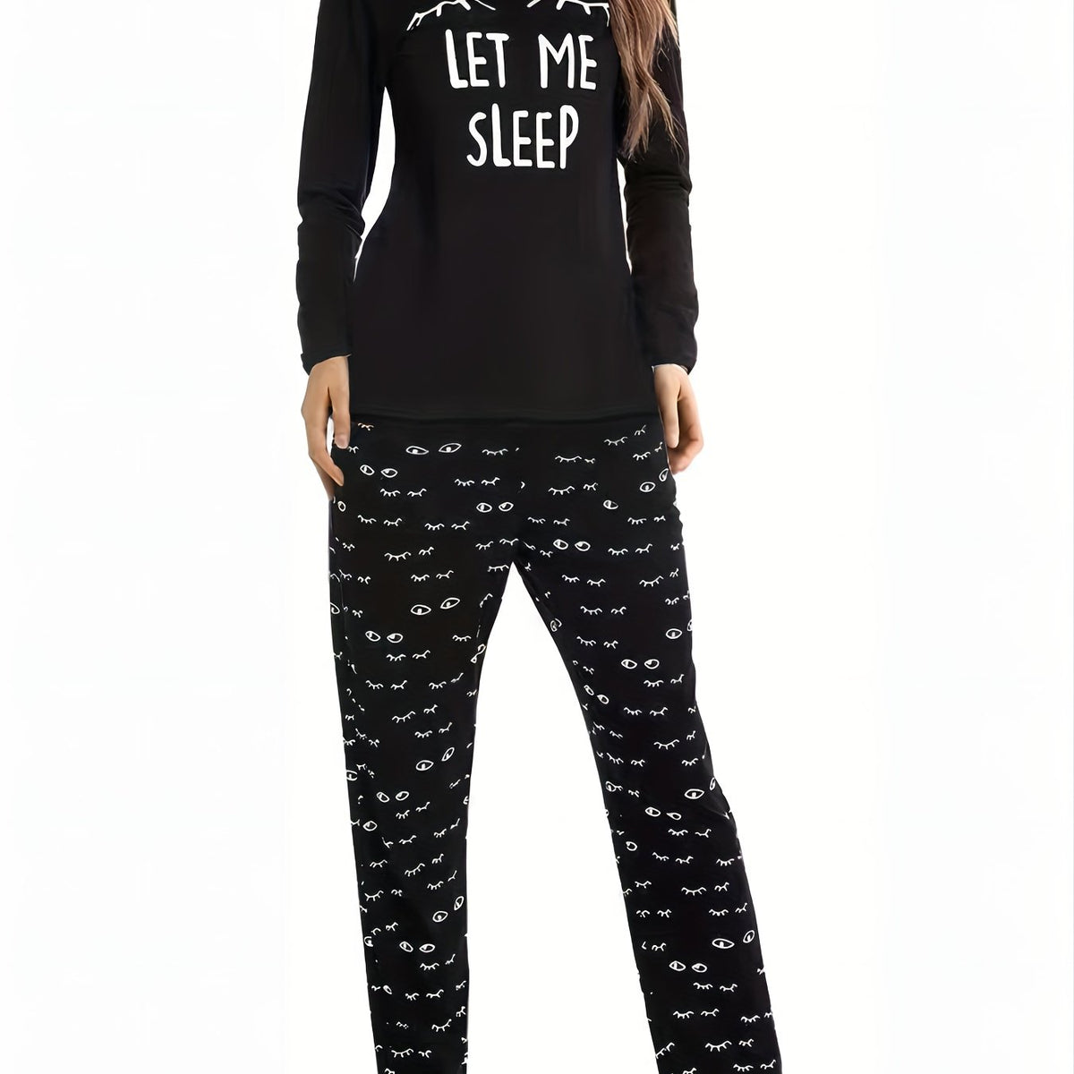 Eyelash Print Pajama Set Long Sleeve Top & Pants Women's Sleepwear