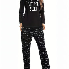 Eyelash Print Pajama Set Long Sleeve Top & Pants Women's Sleepwear