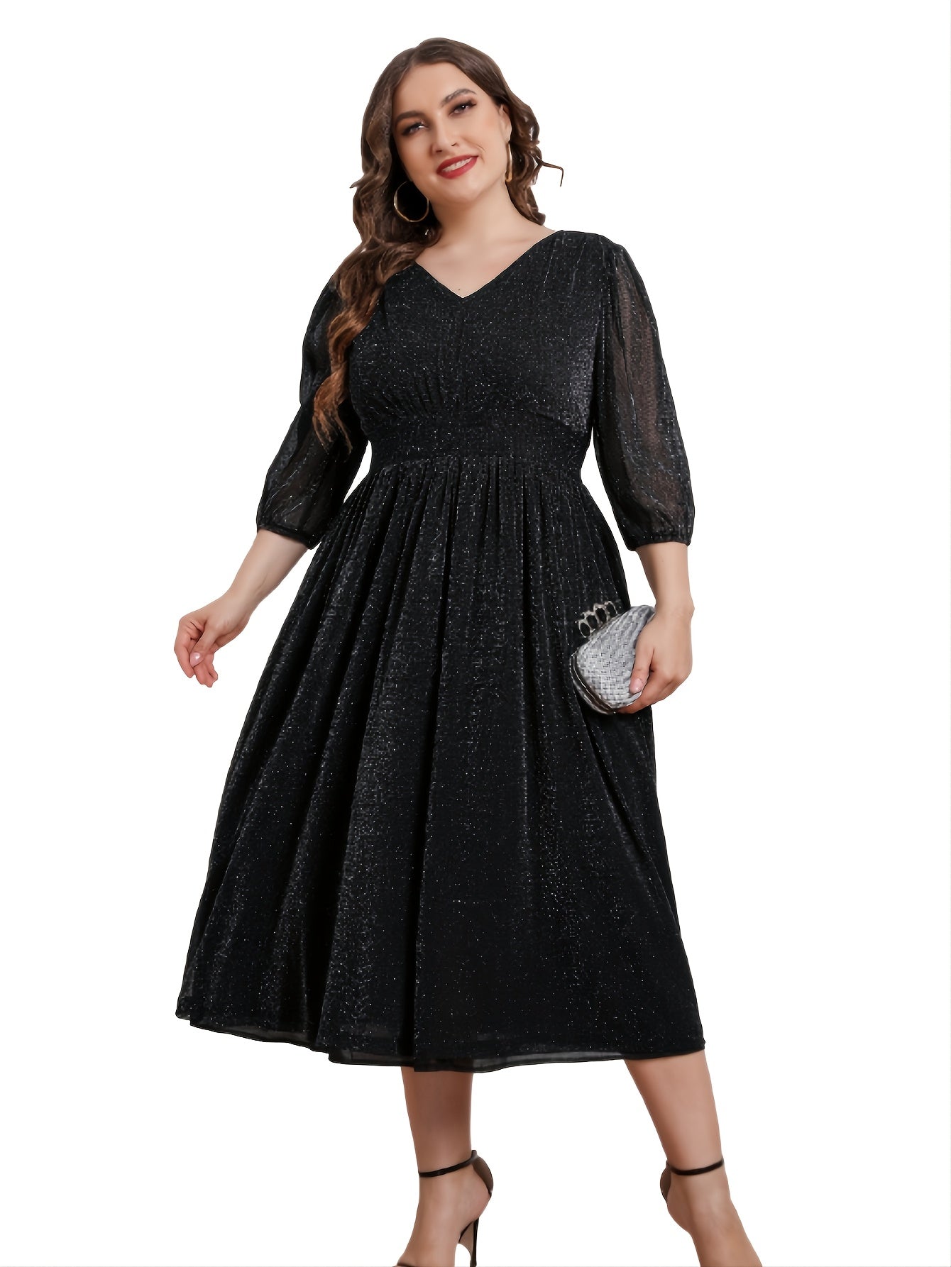  V Neck 3 4 Lantern Sleeve Midi Dress