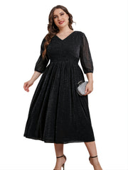  V Neck 3 4 Lantern Sleeve Midi Dress