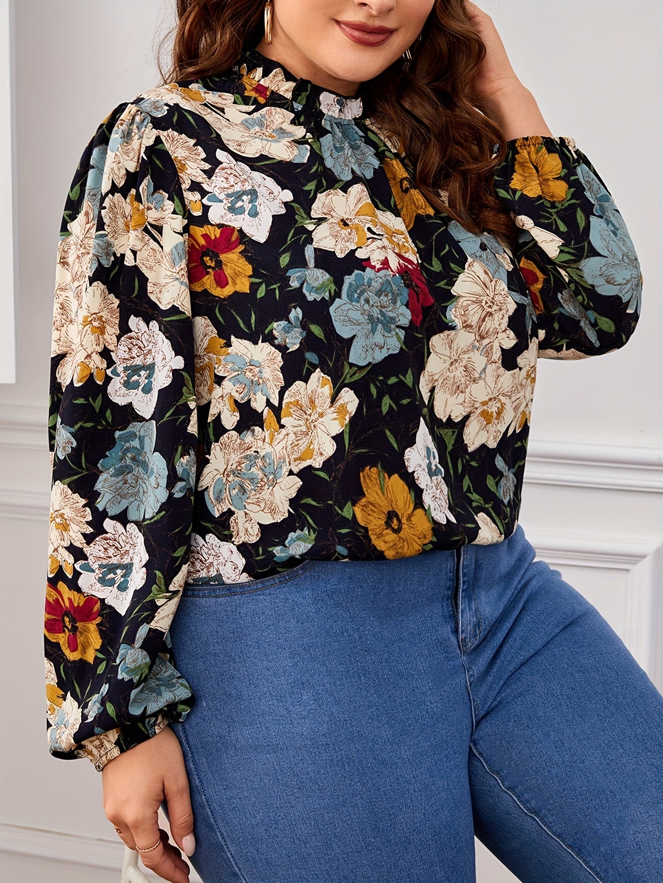  Floral Print Ruffle Trim Lantern Sleeve Blouse