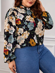  Floral Print Ruffle Trim Lantern Sleeve Blouse