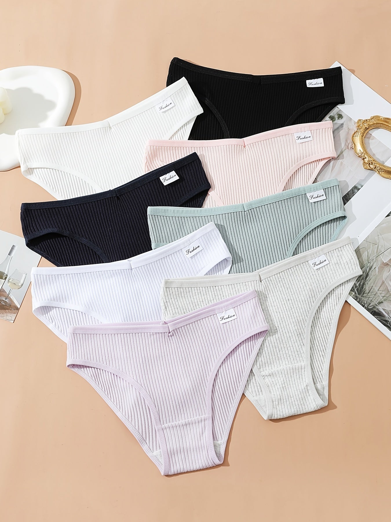 8pcs Seamless Ribbed Bikini Comfy Low Waist Panties Women Lingerie