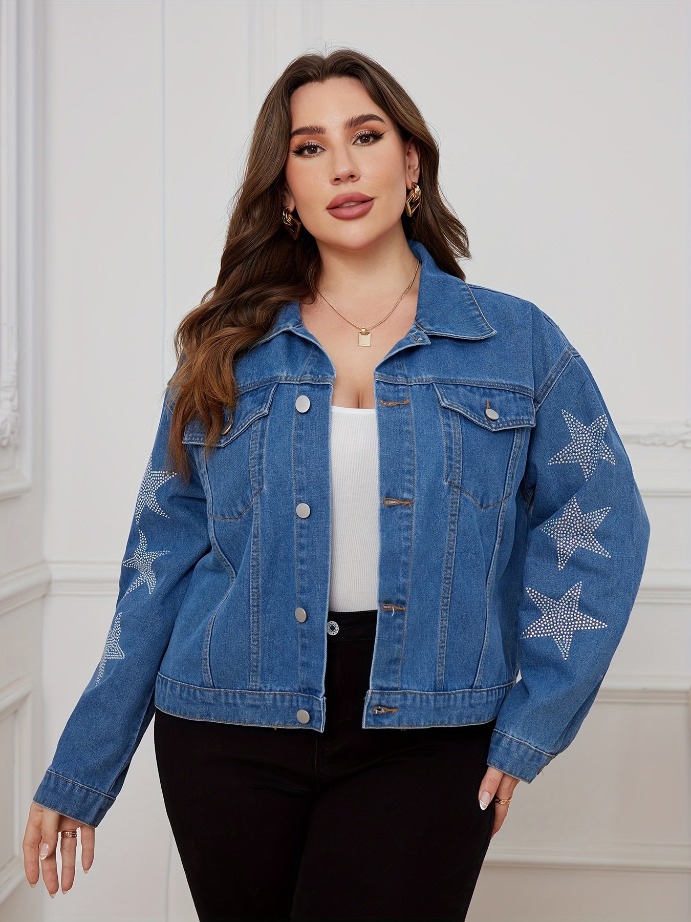  Star Print Button Up Denim Jacket