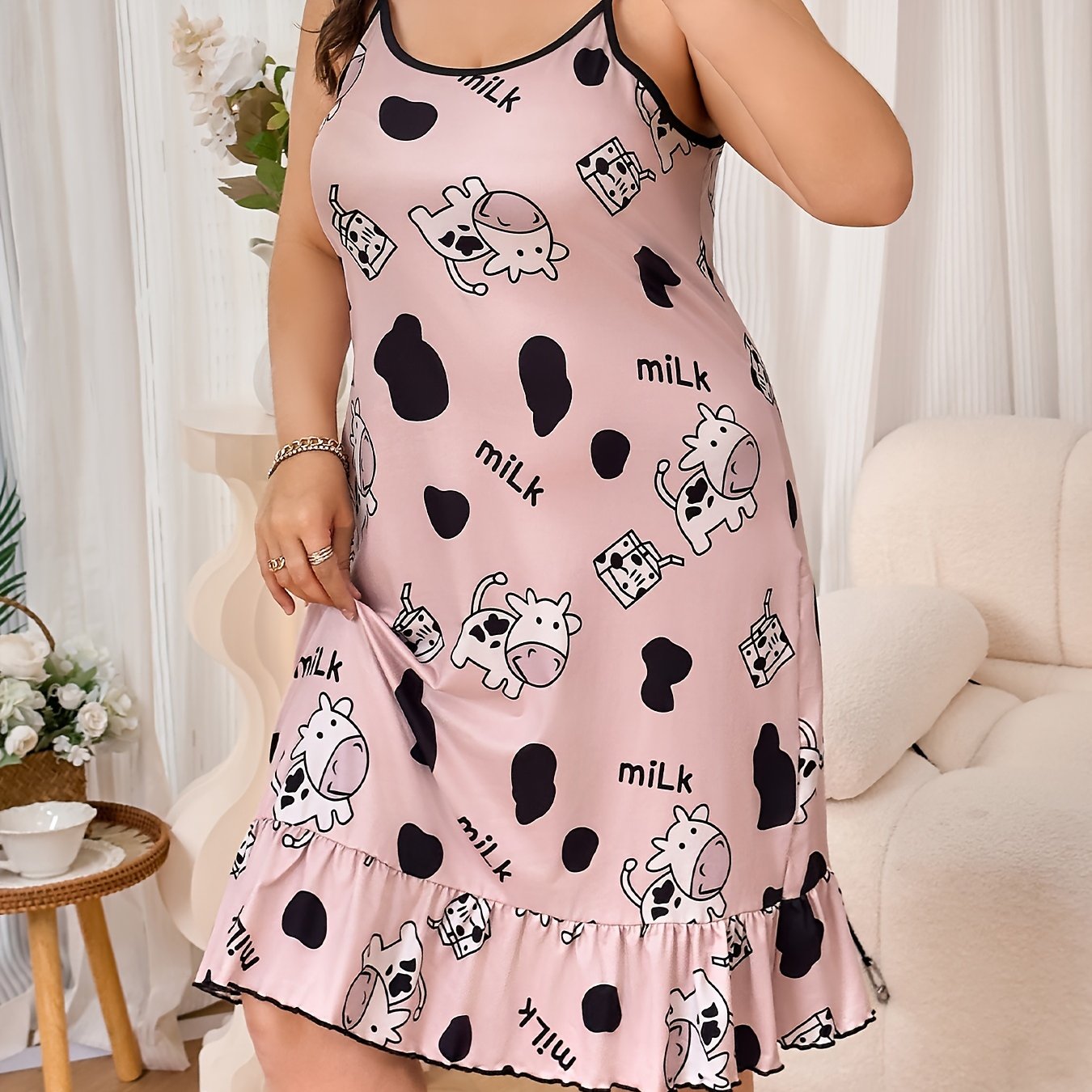  Cow Print Ruffle Trim Sleep Dress