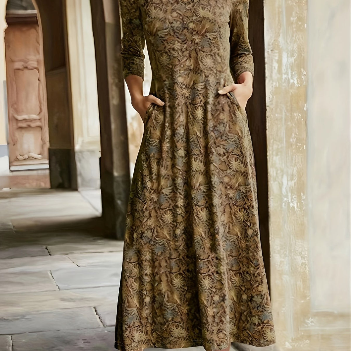  Floral Print Long Sleeve V Neck Dress With Pockets
