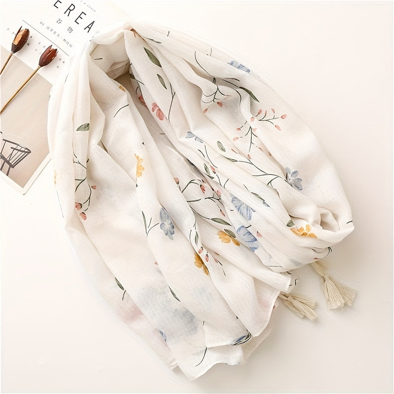 Beige Flower Print Scarf Tassel Shawl for Women