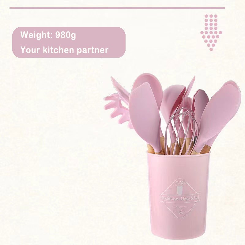 12pcs Silicone Kitchen Utensils Set with Wooden Handle and Storage Bucket