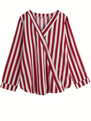  Women's Stripe Print V Neck Stretch Shirt