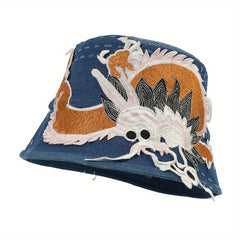 Dragon Embroidery Washed Denim Bucket Hat Sunshade Retro Style Basin Hat