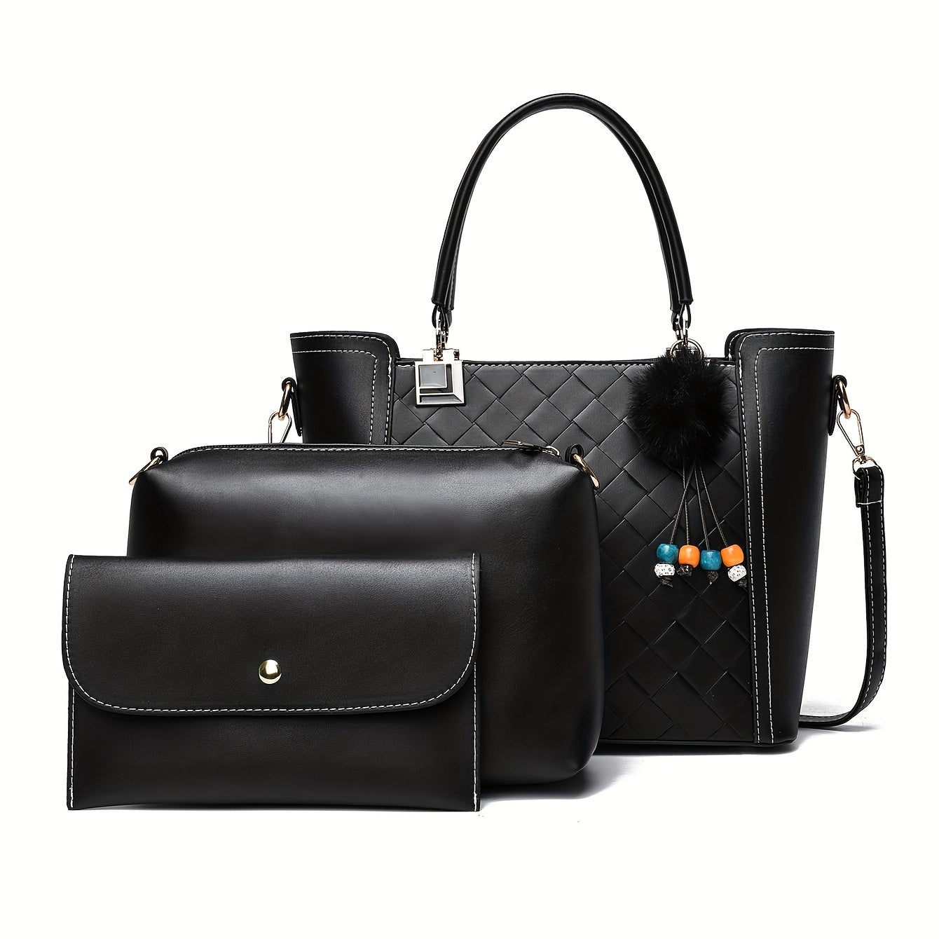 3pcs Tote Bag Inner Bag Clutch Purse Set PU Leather Textured Satchel Bag