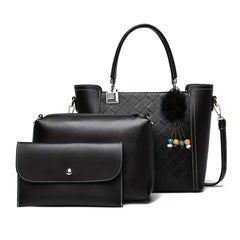 3pcs Tote Bag Inner Bag Clutch Purse Set PU Leather Textured Satchel Bag