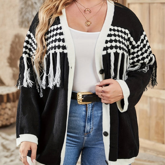  Colorblock Graphic Tassel Cardigan
