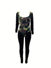 Camo Print Long Sleeve Jumpsuit Women's Clothing