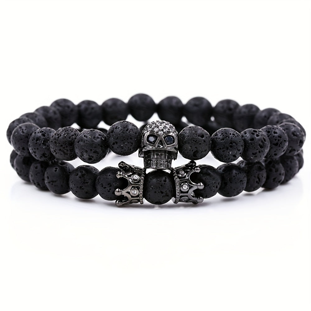 Volcanic Stone Micro Inlaid Skull Small Crown Men's Bracelet