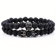 Volcanic Stone Micro Inlaid Skull Small Crown Men's Bracelet