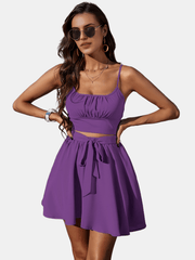 Solid Slim Two-piece Skirt Set Crop Ruched Cami Top & Skirt Outfit