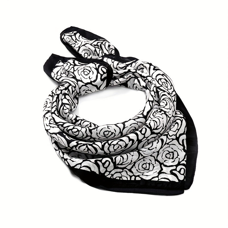 Rose Print Bandana Square Scarf Satin Neckerchief Hair Accessories