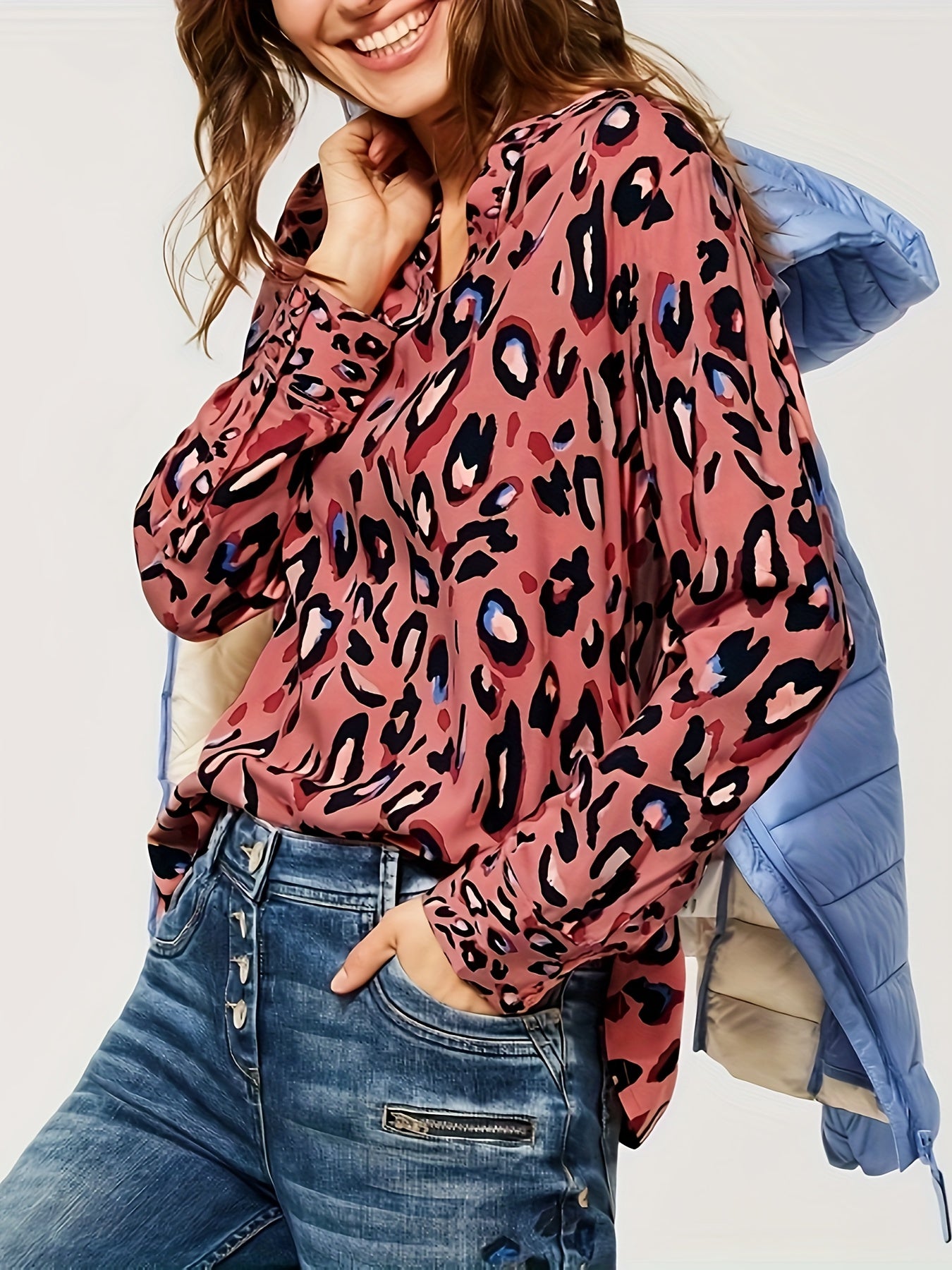  Leopard Print Notched Neck Top