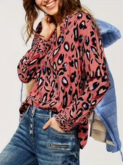  Leopard Print Notched Neck Top