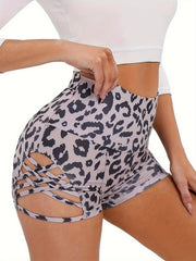  Leopard Print Crisscross Side Biker Shorts