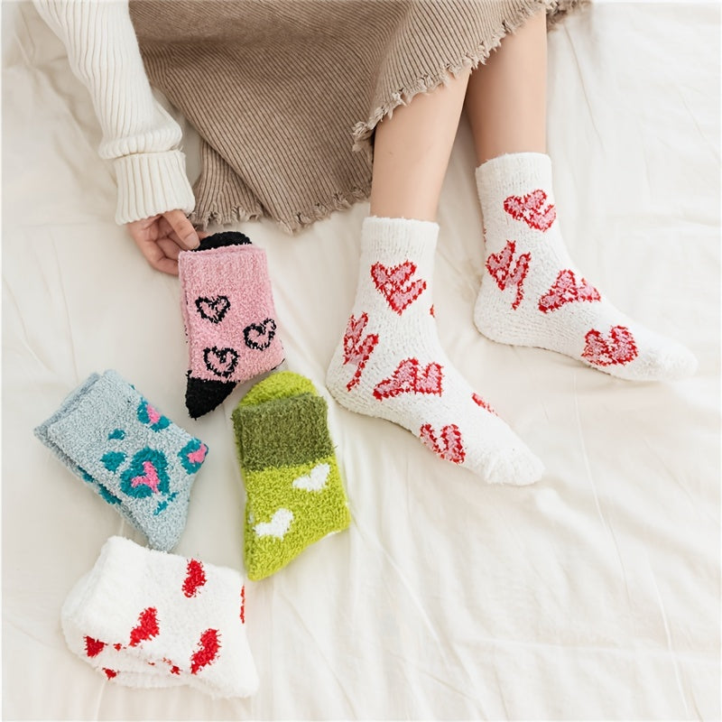 5 Pairs Heart Print Socks Warm & Cozy Women's Stockings Hosiery
