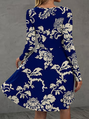  Women's Floral Print Round Neck Knee Length Dress