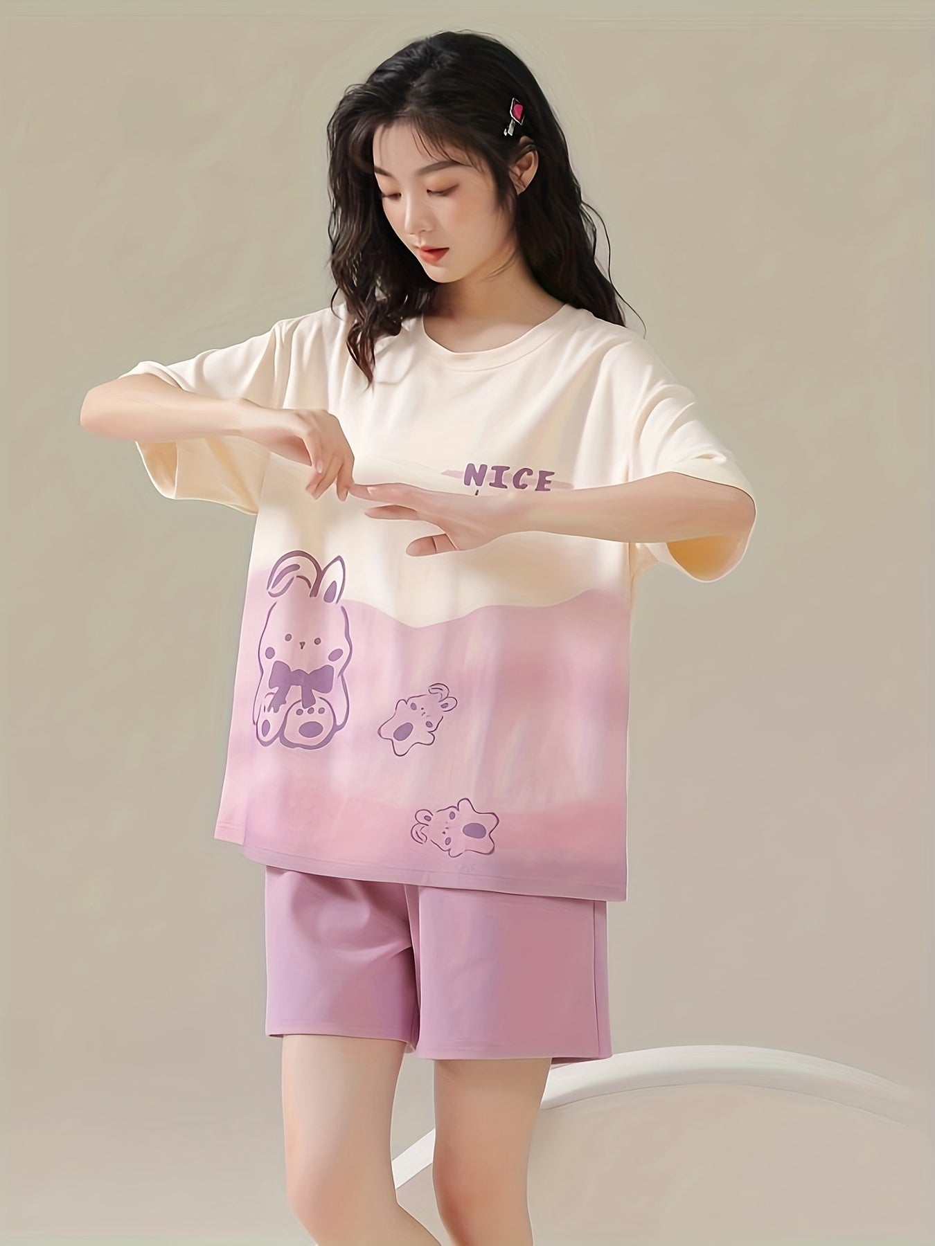 Bunny Print Pajama Set Short Sleeve Top & Shorts