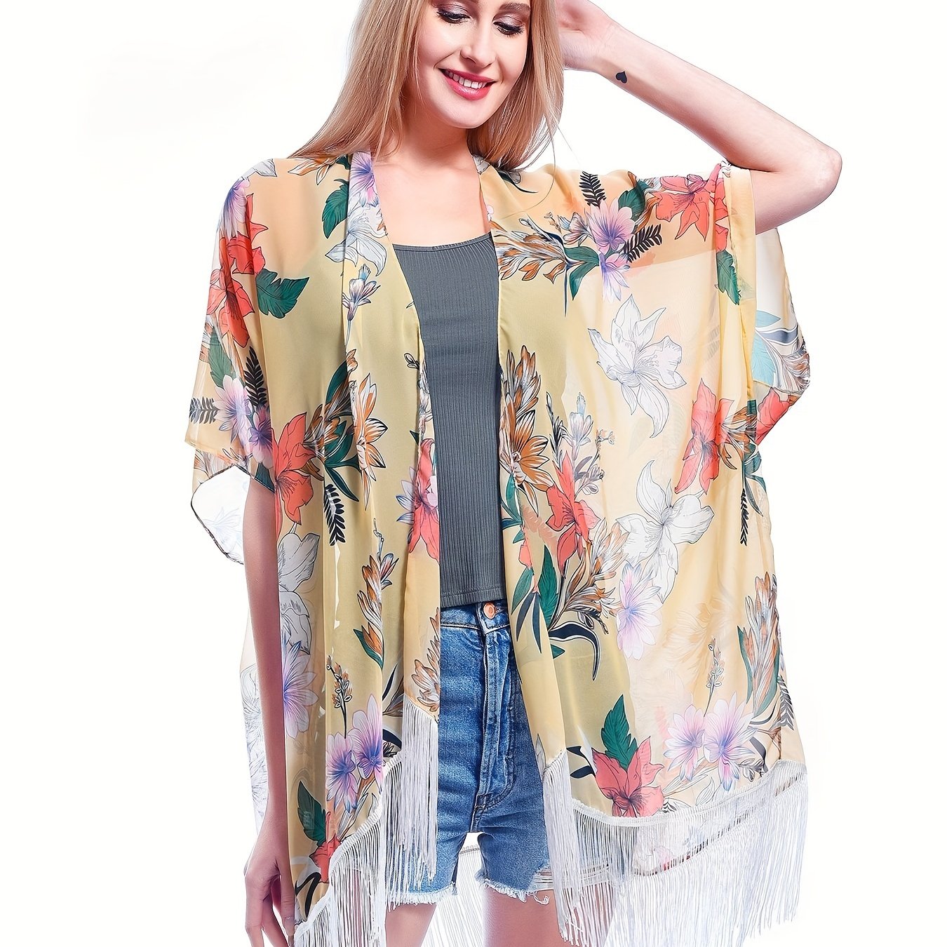  Women's Floral Print Tassel Trim Cover Up