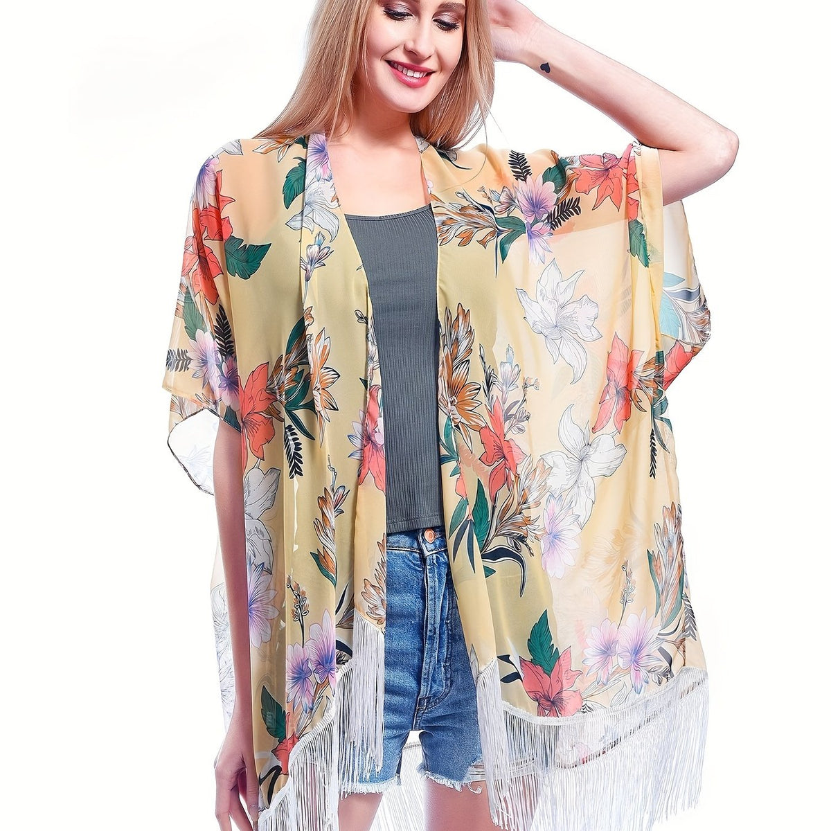  Women's Floral Print Tassel Trim Cover Up