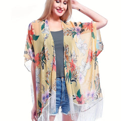  Women's Floral Print Tassel Trim Cover Up