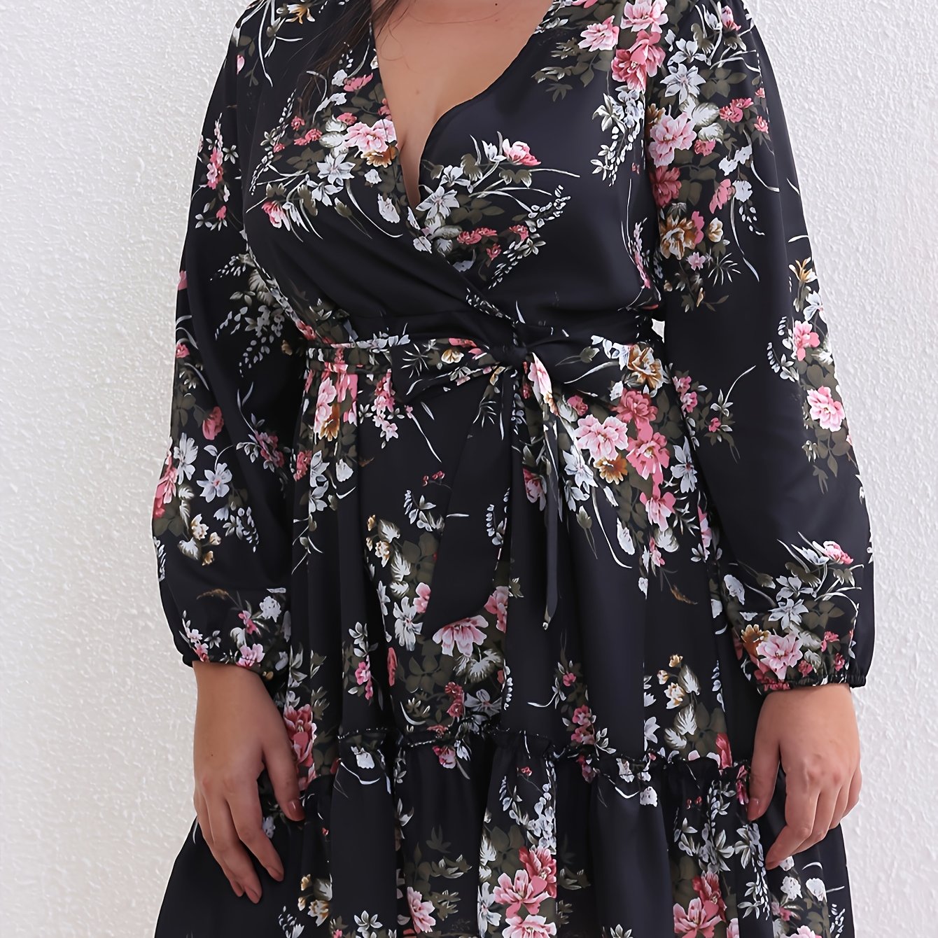 Floral Print Lantern Sleeve Plus Size Mini Dress With Belt