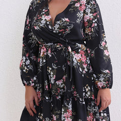 Floral Print Lantern Sleeve Plus Size Mini Dress With Belt