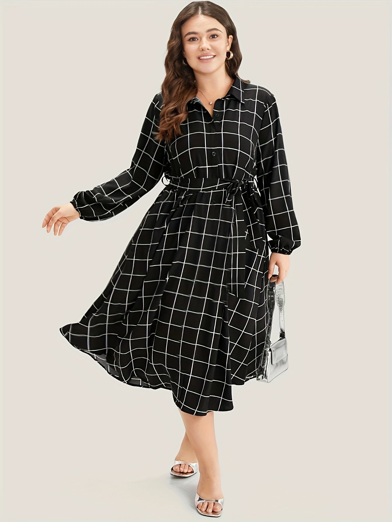  Women's Grid Print Long Sleeve Midi Shirt Dress